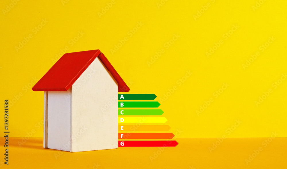 Energy efficiency rating chart on a wooden house. Calculating energy efficient house consumption and efficiency. Empty space for text Energy efficiency rating chart on a wooden house. Calculating energy efficient house consumption and efficiency. Empty space for text