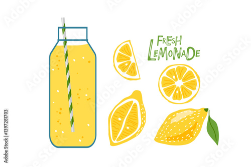 Fresh Lemonade. Glass drink bottle with drinking straw, pieces of lemon. Summer yellow cocktail. Cold Drink Advertising for pub, bar, restaurant menu, party decor, beverage template, recipes.