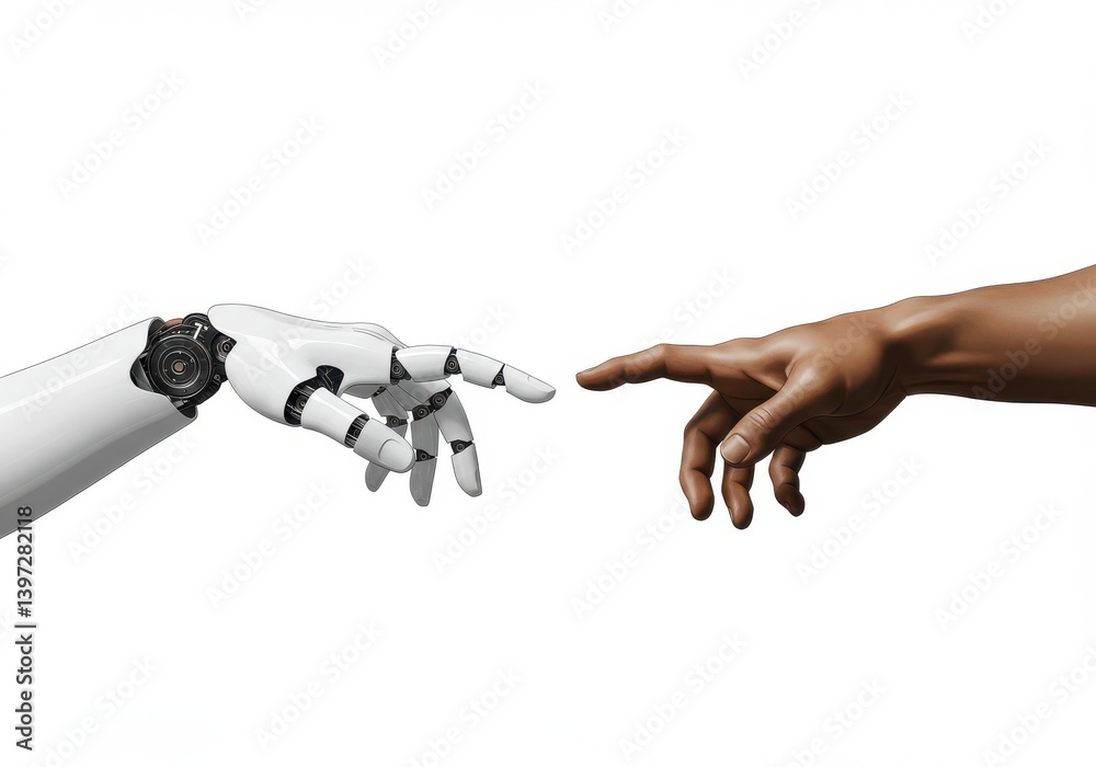 Human and robot hands reaching towards each other in conceptual technology illustration design Human and robot hands reaching towards each other in conceptual technology illustration design