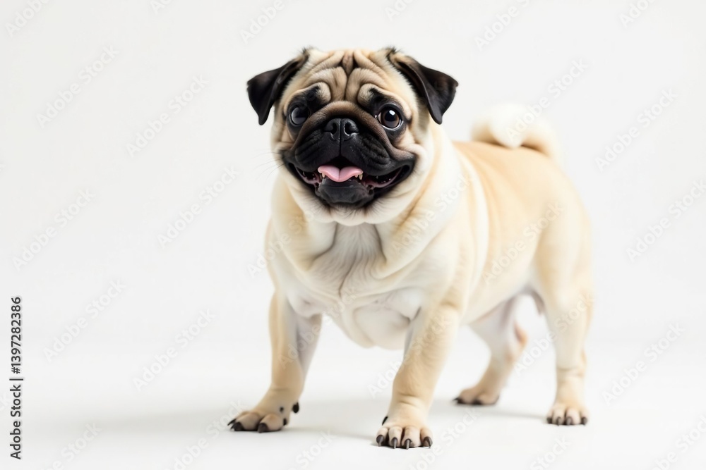Playful pug, standing, ears flopped, white backdrop, cute, graphic Playful pug, standing, ears flopped, white backdrop, cute, graphic