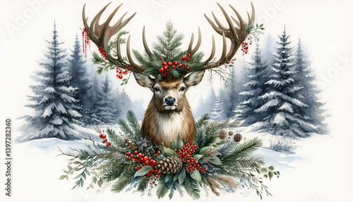 A majestic deer with large antlers, adorned with a festive crown for the winter solstice, decorated with evergreen branches and red berries, standing in a snowy forest, 