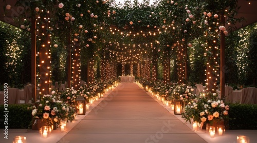 Enchanting Outdoor Wedding Venue Illuminated by Twinkling String Lights and Flowers