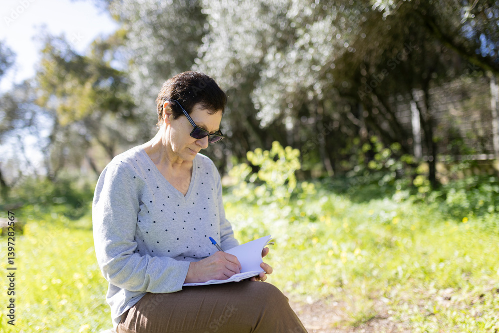 Senior woman writing notes in a notebook outdoors in a sunny day Senior woman writing notes in a notebook outdoors in a sunny day