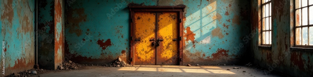 Rusted metal door in abandoned industrial building , rust, old Rusted metal door in abandoned industrial building , rust, old