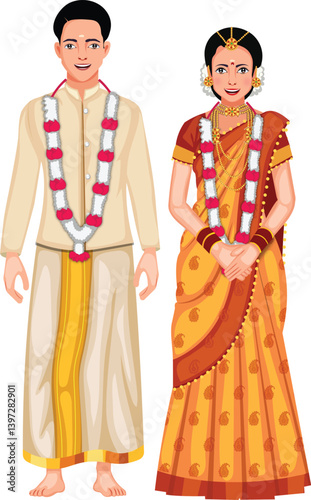 Andhrait Wedding Couple in Traditional Costume of Andhra Pradesh Vector Illustration