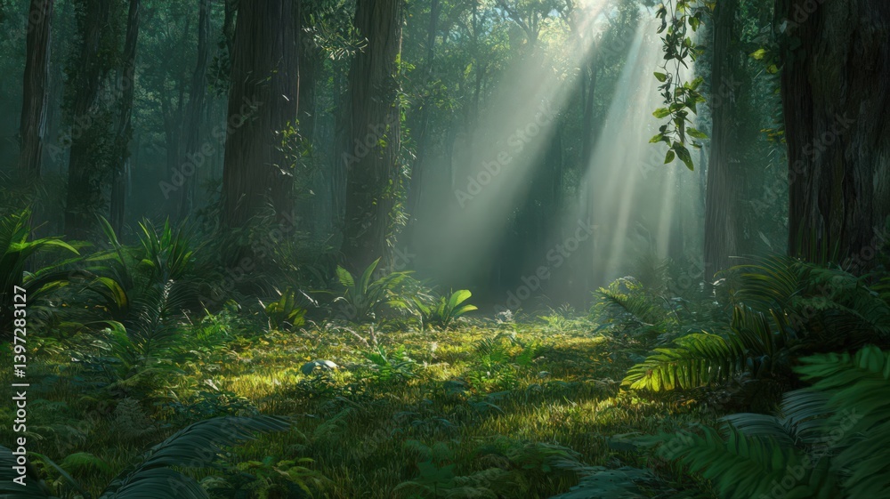 Obraz premium Sunbeams in a Lush Green Forest