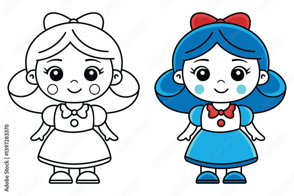 Cute Girl with Bow Coloring Page and Illustration - Printable Outline and Colored Version Cute Girl with Bow Coloring Page and Illustration - Printable Outline and Colored Version
