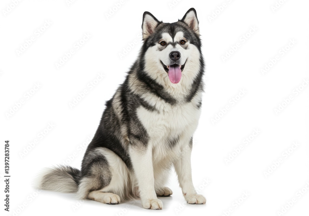Siberian husky sitting with tongue out against white background showing playful dog expression Siberian husky sitting with tongue out against white background showing playful dog expression