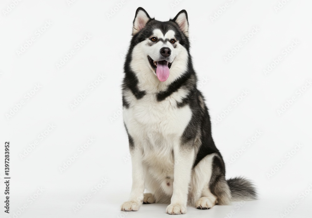 Beautiful malamute dog sitting with tongue out and happy expression on a white background indoors Beautiful malamute dog sitting with tongue out and happy expression on a white background indoors