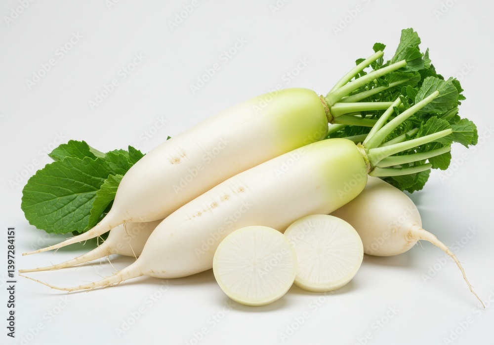 Fresh daikon radishes with green leaves on white background showcasing crisp texture and freshness