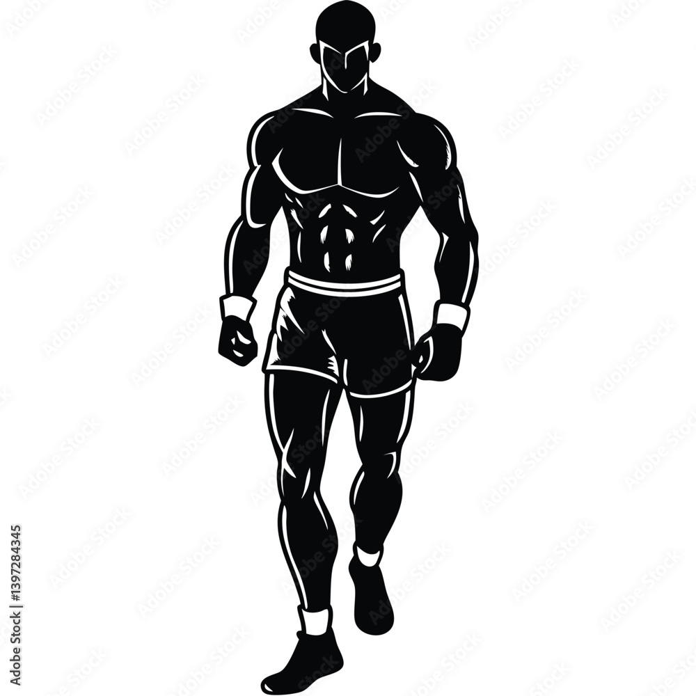 Victory Boxer Champion Vector, Muscular Fighter with Gloves Raised in Ring, Boxing Winner Clipart Design Victory Boxer Champion Vector, Muscular Fighter with Gloves Raised in Ring, Boxing Winner Clipart Design