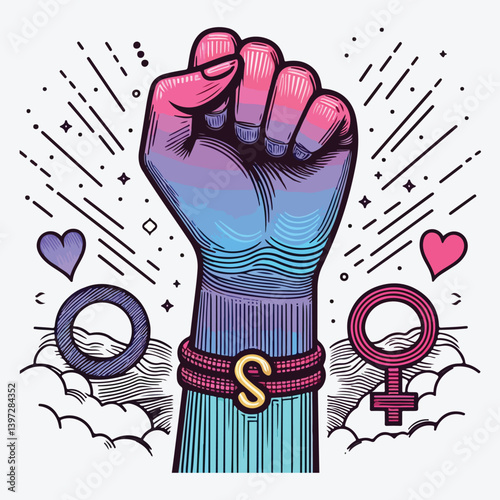 Mother's hand with her fist raised up. Girl Power. Feminism concept. stock illustration