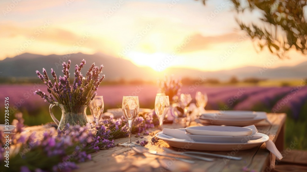 Obraz premium Picturesque Wedding Setup in Lavender Field at Sunset with Romantic Atmosphere
