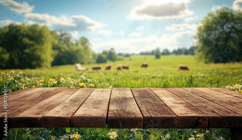 Serene countryside view with wooden table in foreground and grazing cows under a bright sky with fluffy clouds and lush greenery