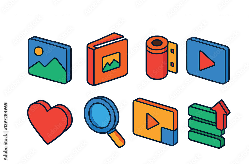 Vibrant media and interface icons set in colorful 3d flat style for digital projects