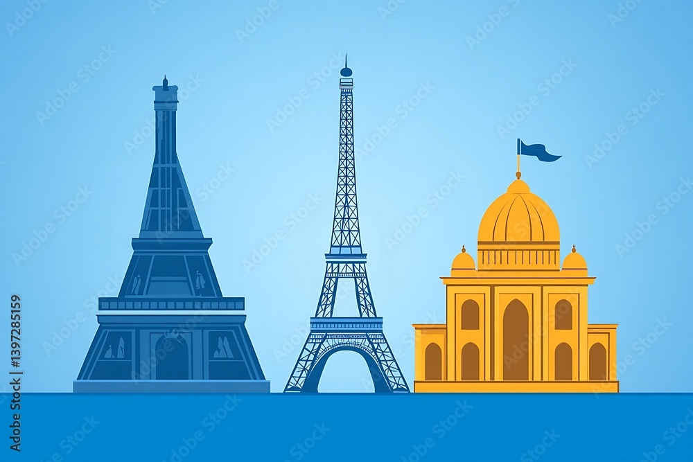 Obraz premium Iconic landmarks of different countries displayed side by side.