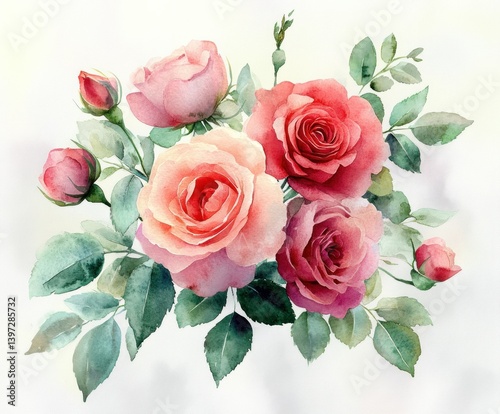 Watercolor Roses Bouquet with Pink and Red Petals and Green Leaves in Botanical Illustration Style