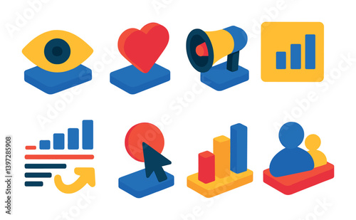 Colorful isometric social media and marketing icons set for digital platforms