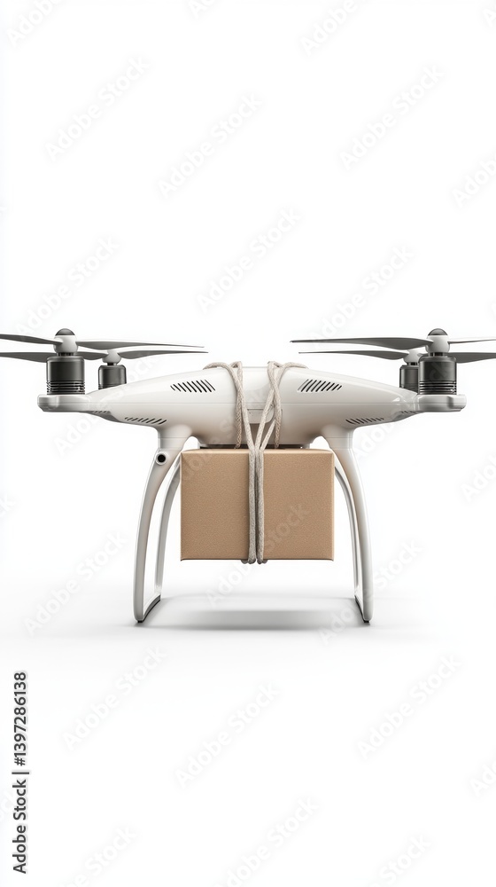 White drone with parcel, minimalistic design. Ideal for advertising, presentations about delivery, technological innovations.