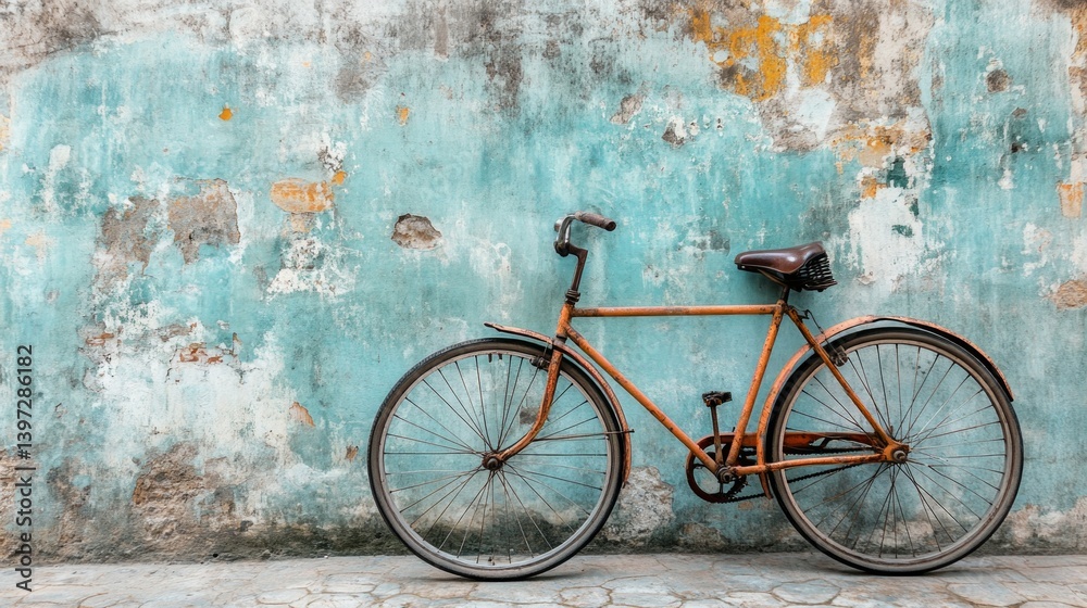 Old bicycle by the wall with peeling paint, retro style. Suitable for blogs about travel, history, urbanism. Old bicycle by the wall with peeling paint, retro style. Suitable for blogs about travel, history, urbanism.