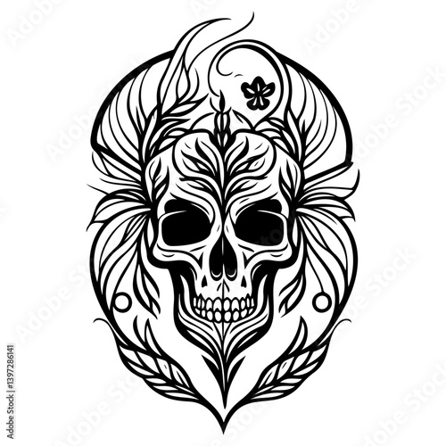 Floral skull design, intricate linework, stylized depiction for unique art projects