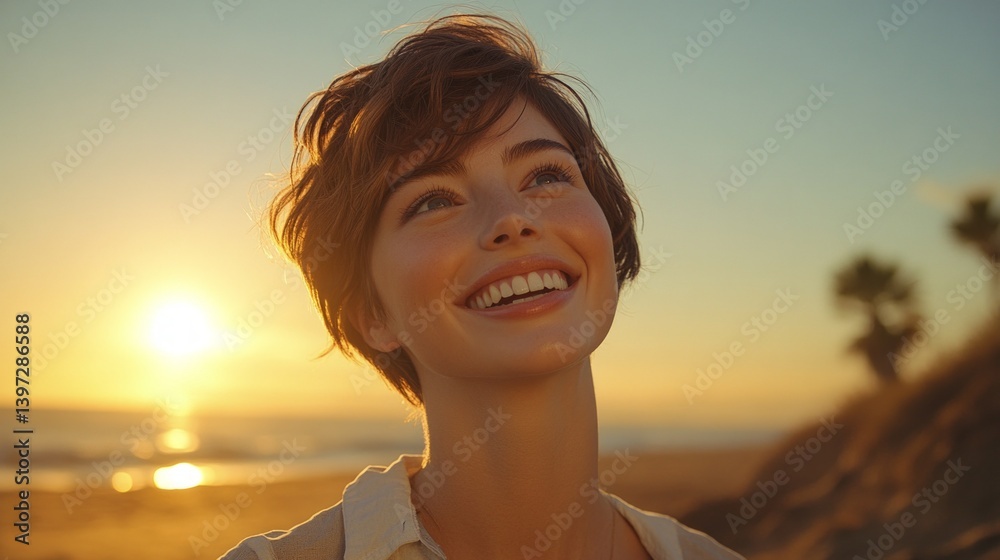 Smiling woman on the background of sunset by the sea. Suitable for advertising tourist destinations, lifestyle blogs.