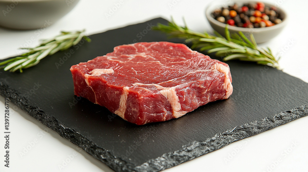 Fototapeta premium Fresh cut of beef steak on a slate board with herbs
