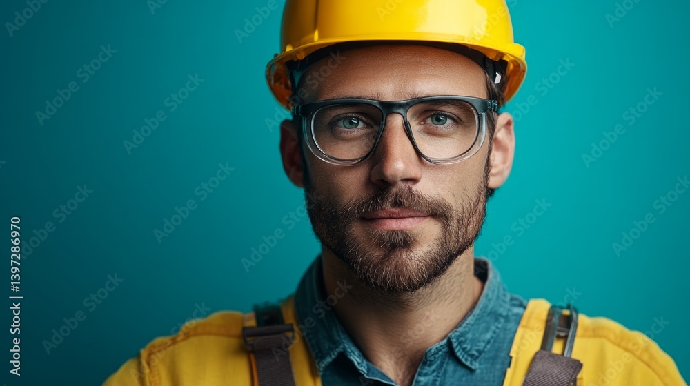 Portrait of a man wearing a helmet and glasses on a bright background, expressing confidence and professionalism. Suitable for illustrating the theme of construction, industry or engineering.