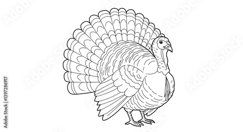Farm bird coloring page showing a proud turkey character displaying its large impressive fanned tail feathers