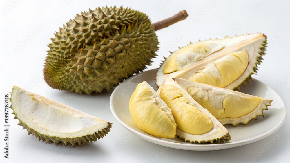 Obraz premium Durian Fruit And Plate Served white background