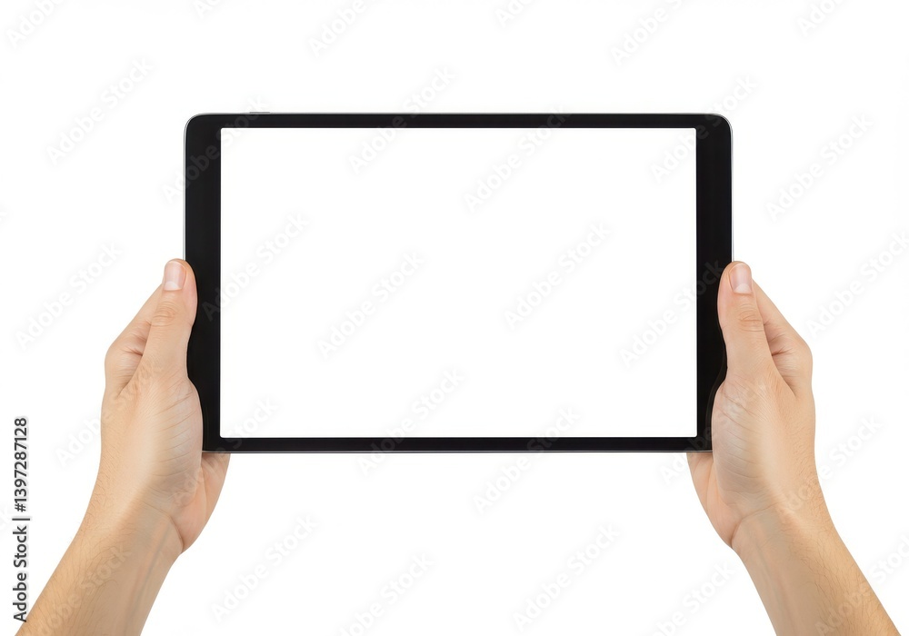 Hands holding a black tablet computer with a blank white screen isolated on white background Hands holding a black tablet computer with a blank white screen isolated on white background
