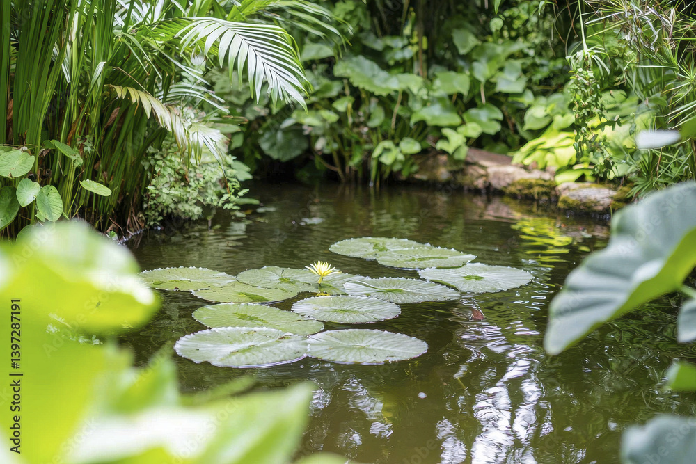 serene water lily pond surrounded by lush greenery, creating tranquil atmosphere for relaxation and reflection serene water lily pond surrounded by lush greenery, creating tranquil atmosphere for relaxation and reflection
