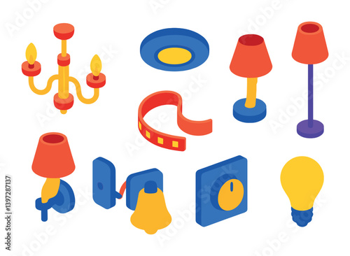 Colorful isometric lighting icon set including lamps, chandelier, and bulb