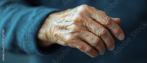 Close-up of an elderly person's wrinkled hand showing skin texture and age signs. Suitable for medical articles, health blogs, social projects.