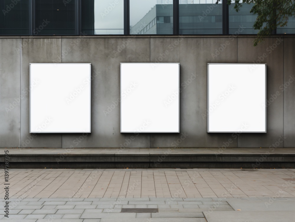 Advertising space: A captivating shot of three blank billboards mounted on an exterior wall, ideal for advertisements, messages, or promotional content. Advertising space: A captivating shot of three blank billboards mounted on an exterior wall, ideal for advertisements, messages, or promotional content.