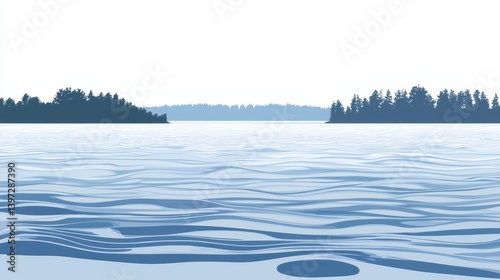Tranquil lake scene with silhouetted forest.