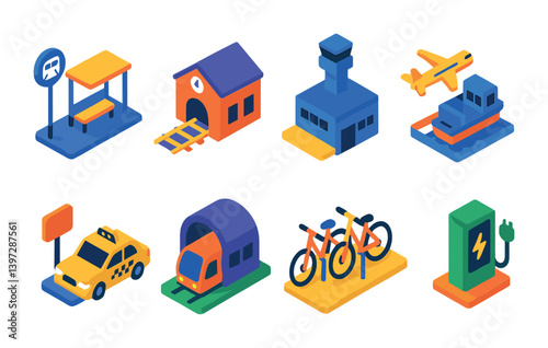 3d colorful transport icons set: vehicles, infrastructure, and more