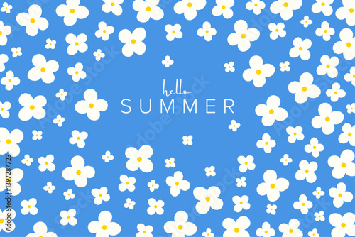 Hello summer banner, flowers background