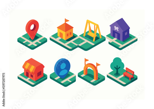 3d isometric city map icons: location, building, playground, and more