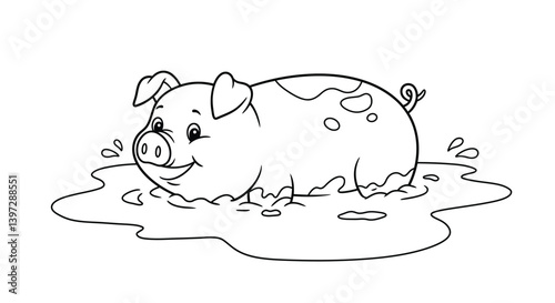Fun coloring page scene showing a happy pig character joyfully wallowing in a puddle of thick mud