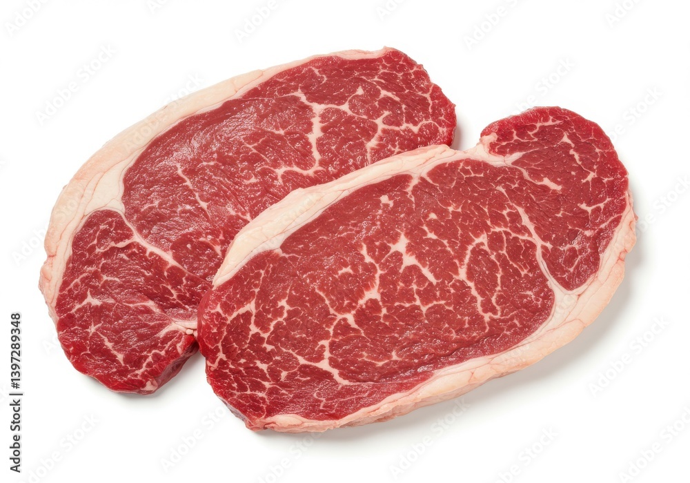 Two raw marbled ribeye steak cuts with visible fat lines on white background ready for cooking Two raw marbled ribeye steak cuts with visible fat lines on white background ready for cooking