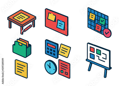 3d office organization icons set: desk, board, calendar, chart, file, clipboard, clock
