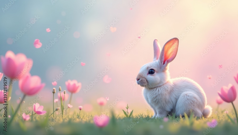 Obraz premium Pastel-colored gradient background with fuzzy, cute rabbits in a meadow , pink, rabbit