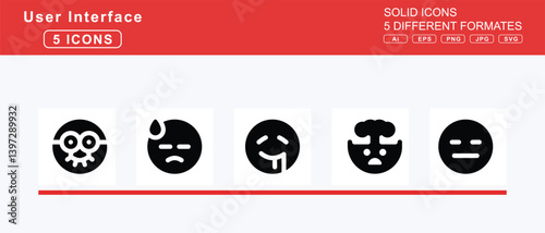 Set of 5 solid user interface icons,face, beam, hand, over, mouth, confounded, confused, cowboy, hat, disappointed