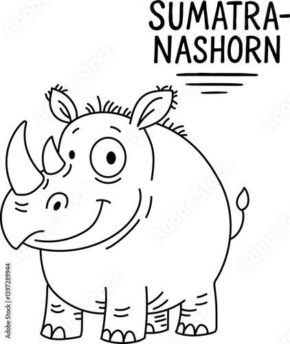 Cute cartoon Sumatran rhinoceros in coloring book style. Cute cartoon drawing of the endangered Sumatran rhinoceros in coloring style, with a smiling expression and the inscription "Sumatra-Nashorn".