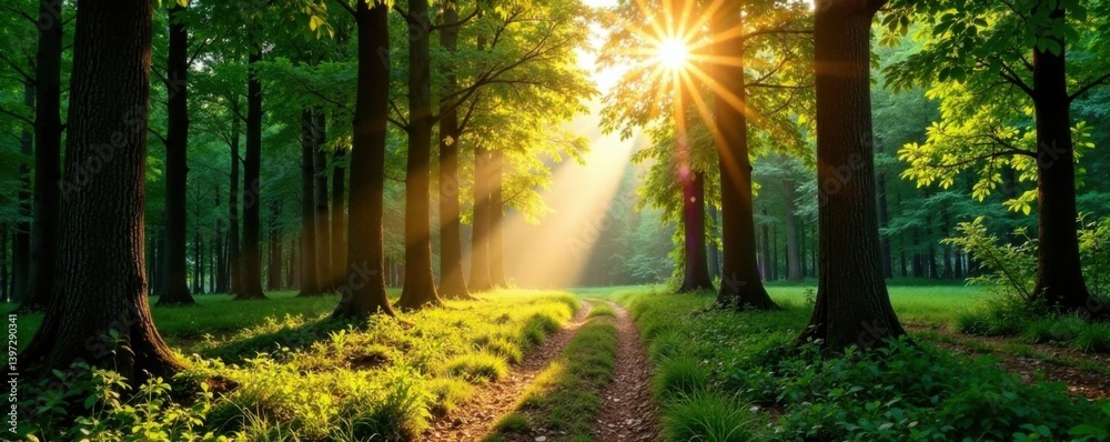 Obraz premium Panorama Wald mit Sonnenstrahlen durch den Baumwerk , Wald, Landschaft, Farben