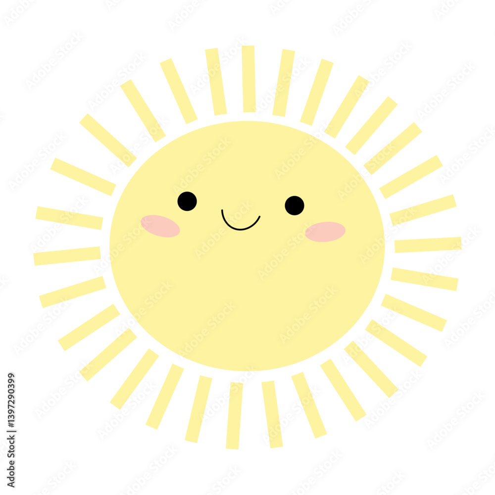 Cute cartoon yellow sun is smiling. Warm rays, sunny, good weather. Child's character. Environment. One icon isolated on white background. Flat design. Cute cartoon yellow sun is smiling. Warm rays, sunny, good weather. Child's character. Environment. One icon isolated on white background. Flat design.