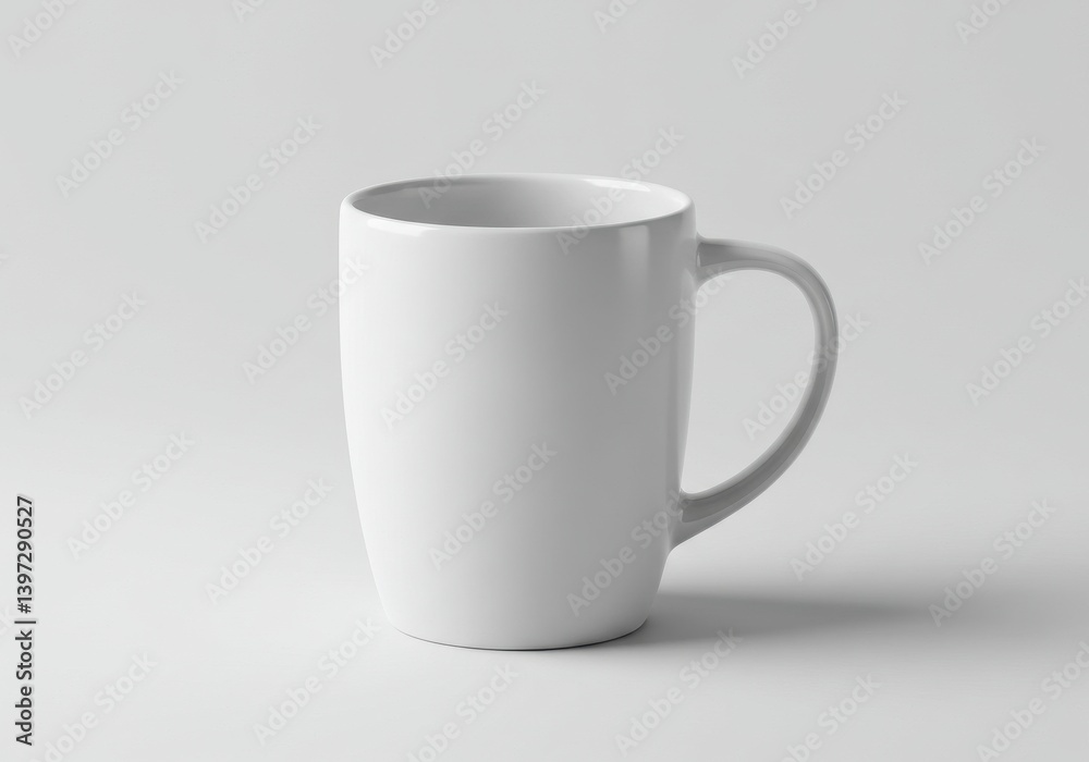 Fototapeta premium Simple white ceramic coffee mug placed on a plain gray background in studio lighting setting photo