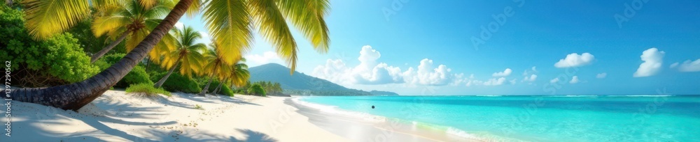 Fototapeta premium Palm trees sway in the gentle ocean breeze on a sun-kissed sandy beach, palm tree, sand