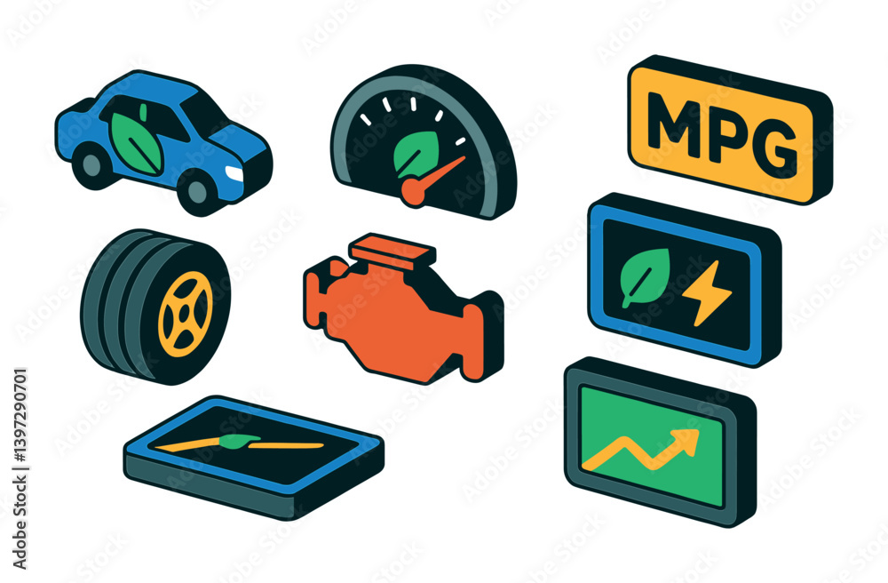 Eco-friendly vehicle performance icons set in isometric 3d style